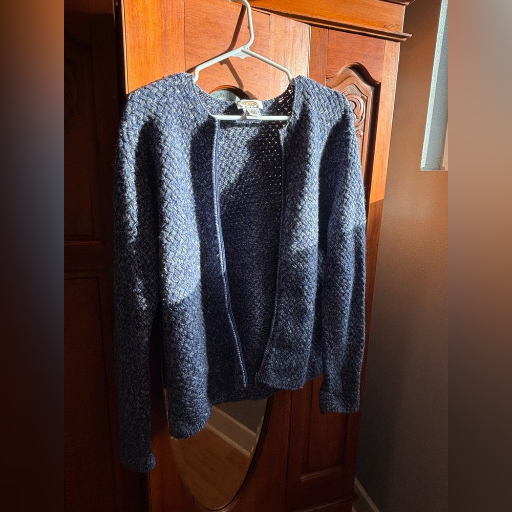 Talbots Hand Knit 100% Merino Wool Zip Front Cardigan Sweater Women Lg Navy Blue